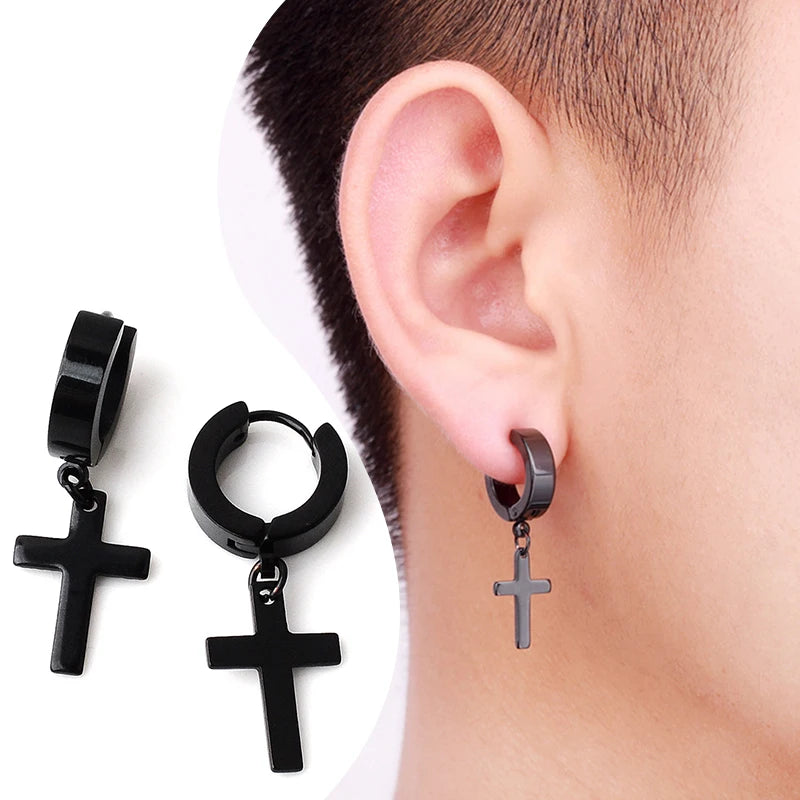 2pc Stainless Steel Men Cross Stars Punk Dangle Earrings Gothic Woman