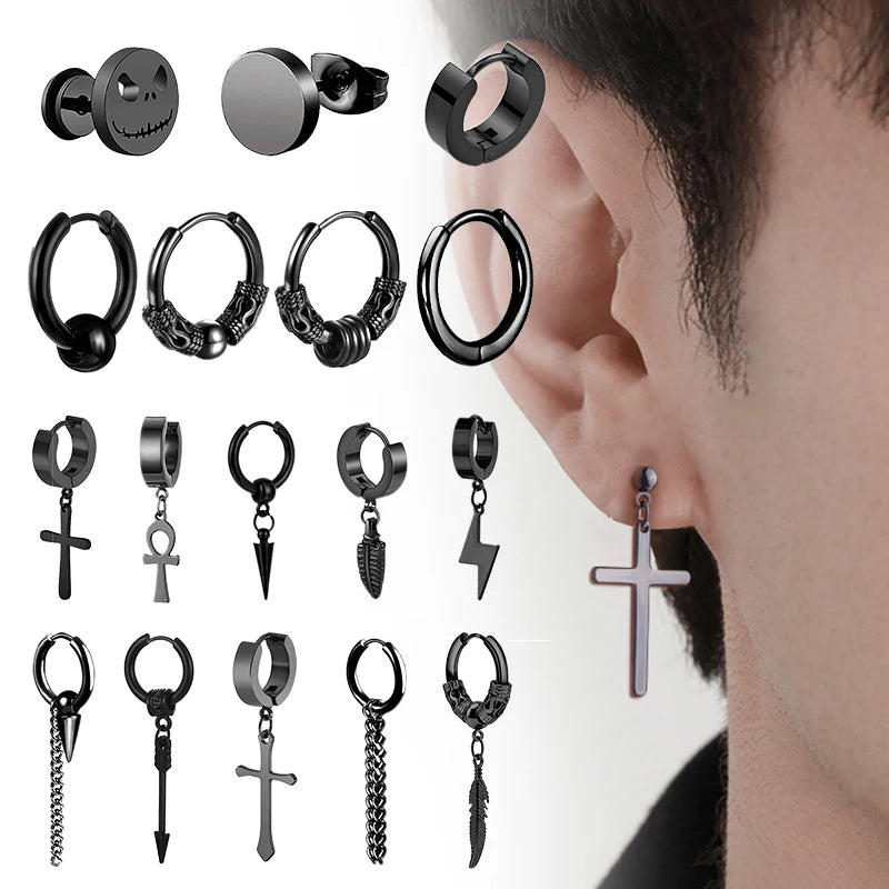 1 Pairs Punk Stainless Steel Stud Earrings Black Earrings Set For Men